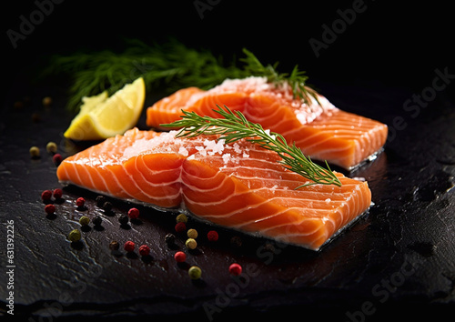 Fresh slices of salmon fillet with lemon and herbs on black.Macro.AI Generative.