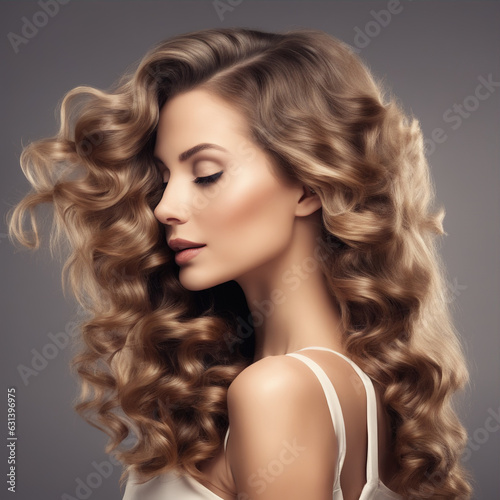 Beautiful woman in profile with long and shiny wavy hair . Beauty model girl with curly hairstyle .