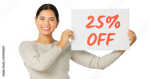 Discount poster, happy portrait and woman advertising sales, retail promotion or shopping commercial. Customer presentation sign, 25 percent and female brand ambassador on transparent, png background