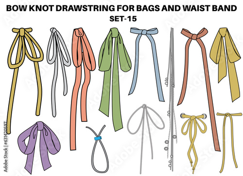 Bow knot Drawstring cord flat sketch vector illustrator. Set of bow knot Draw string for Waist band, bags, shoes, jackets, Shorts, Pants, dress garments, Drawcord for Clothing to pulled or tighten