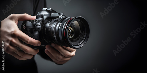 close-up of photographer's hand holding a camera isolated on dark background, generative ai