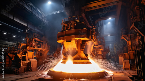 Brightly Lit Blast Furnace in a Modern Metallurgical Plant 