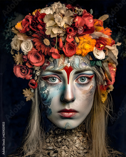 a woman with flowers on her head and painted face