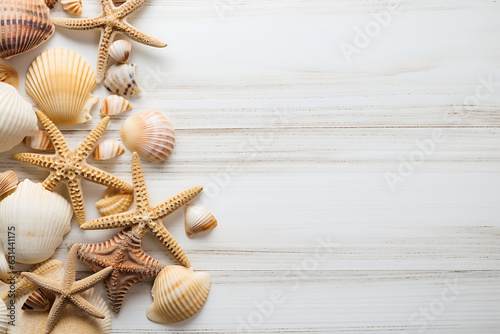 Summer sea holiday background - shells, star on a wooden background.
