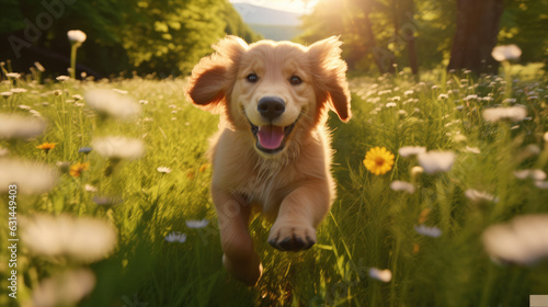 Golden retriever puppy playing in the grass with happiness expression.