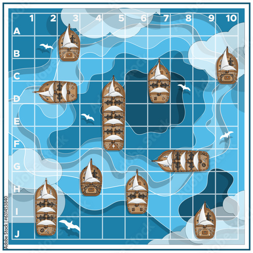 Sea battle. Sailing warships. Board game. Vector illustration.