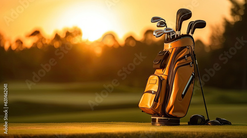 Golf club bag for golfer training and play in game with golf course background at sunset. Golfer. Generative Ai