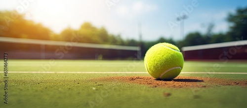 Close Up Of Tennis Ball Lying On Tennis Court On Sunny Day, Copy Space