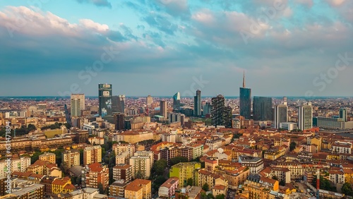 Aerial view of the skyline of a modern cityscape of business skyscrapers. Palazzo Lombardy Region, unicredit tower and UnipolSai, vertical forest. Biblioteca degli Alberi Drone. Milan Italy.