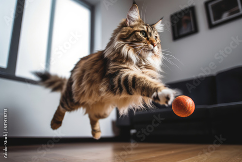 Maine coon cat jumping around playing with a cat toy at home. Having fun with pets indoors. Super wide angle shot.