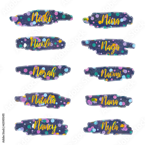 girl name stickers with letter N, nicki, nina, nicole, naya, norah, naomi, natalia, nana, nancy, nyla, present, label, gift, tag, stickers, printable, png file