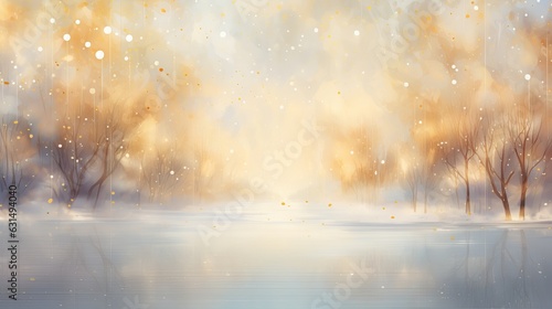 Abstract magic winter landscape with snow and golden bokeh lights Generative AI
