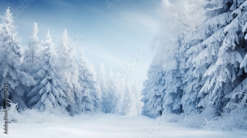 Frosty winter landscape in snowy forest. Christmas background with fir trees and blurred background of winter Generative AI