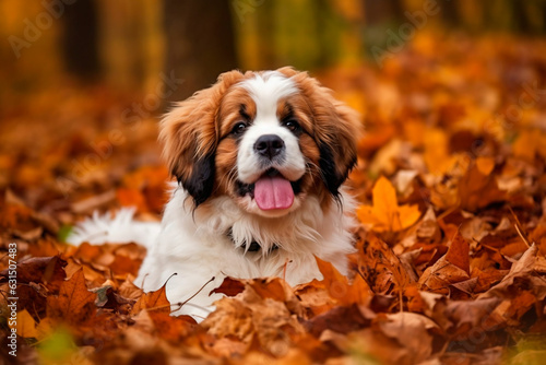 Serbernard puppy lies in autumn leaves