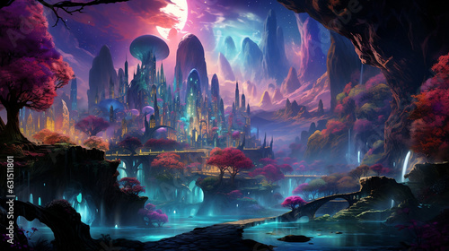An otherworldly technicolor dreamscape with translucent beings, glowing crystals, and cascading waterfalls of light world
