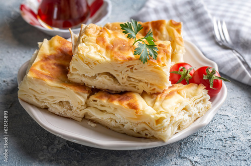 Delicious Turkish food; Tray pastry; (Turkish name; Su boregi)