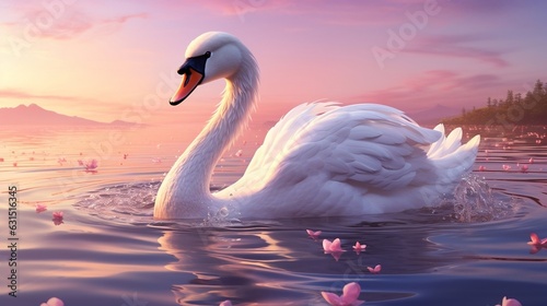 A cartoon art style image of a graceful swan gliding on a peaceful lake, leaving a trail of heart-shaped ripples