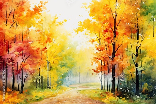 Beautiful autumn landscape with orange, green and yellow autumn trees and sun aquarell painting. Colorful foliage in the forest - Generative AI