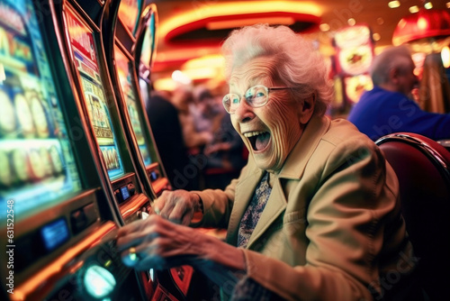 Amazed retired happy laughing gambler grandma playing slot machines, jackpot winner