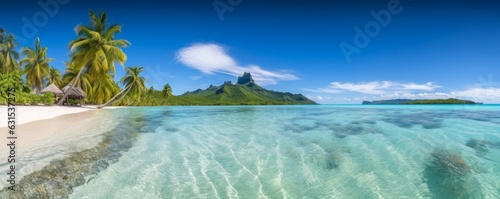 Tropical beach panorama as background, Bora Bora, French Polynesia, Generative AI