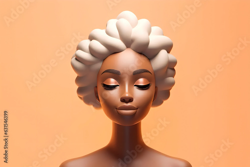 Cartoon black fashion woman virtual avatar with fashionable hairstyle and closed eyes