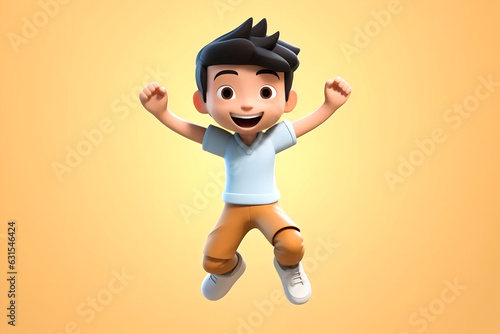 Happy asian avatar boy smiling and flying hands up