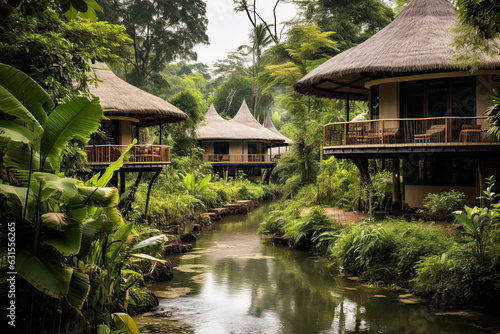 Eco-lodge or ecolodge house with a panoramic view of the lush forest and a tranquil river, ecotourism concept