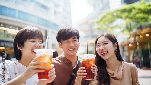 Asian friend with plastic cup of ice drink