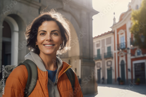 Woman in Spanish city old town street. Female solo traveller with backpack enjoy her travel in Spain