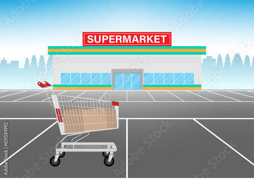 Shopping Cart or Shopping Trolley with Bags in Parking Lot of Supermarket. Shopping Concept. Vector Illustration. 