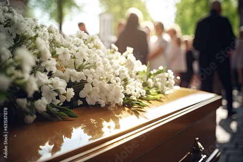A reverent funeral scene, the coffin is decorated with flowers. Symbolic farewell among church services and cemetery funerals.
