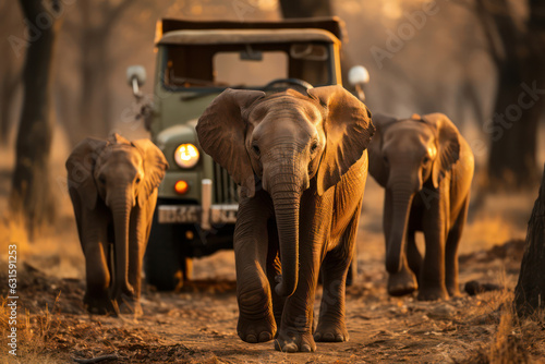 A safari jeep driving through the African savannah, with a herd of elephants majestically crossing the dusty plains in the background, under the golden light of a setting sun | ACTORS: Safari jeep, El