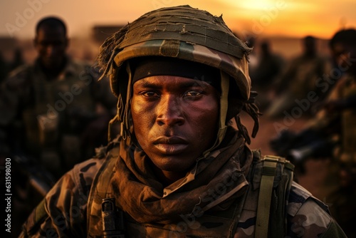 a closeup photo of a black african military soldier with camouflage uniform and equipment in Niamey, Niger. government overthrown in a military coup d'état. Generative AI