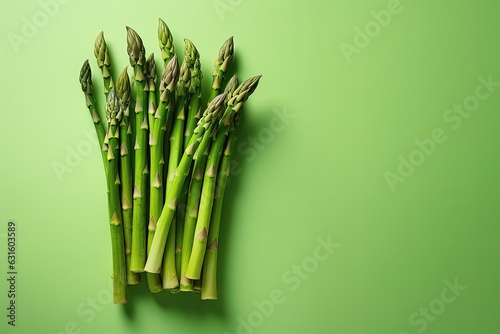 Bunch of fresh green asparagus on green background with copy space for your text