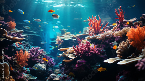 Colorful tropical coral reef with fish. Vivid multicolored corals in the sea aquarium. Beautiful Underwater world. Vibrant colors of coral reefs under bright neon purple light made with AI generative 