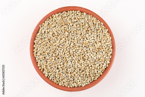 Pearl millet or Bajra is the most widely grown type of millet. The Millet was placed in a blue bowl 