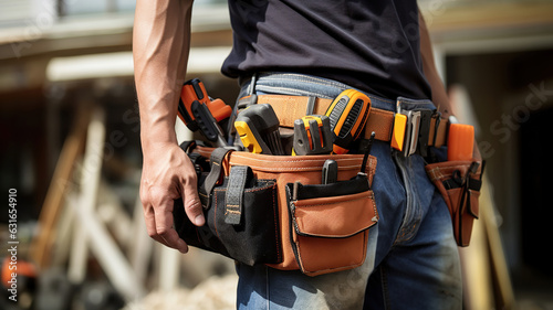skilled construction worker wearing a tool belt against the backdrop of a house