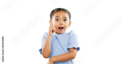 Face, lightbulb or child with finger idea, answer or solution on isolated, transparent or png background. Portrait, biracial kid and curious girl with excited, surprised or wow hands for eureka emoji