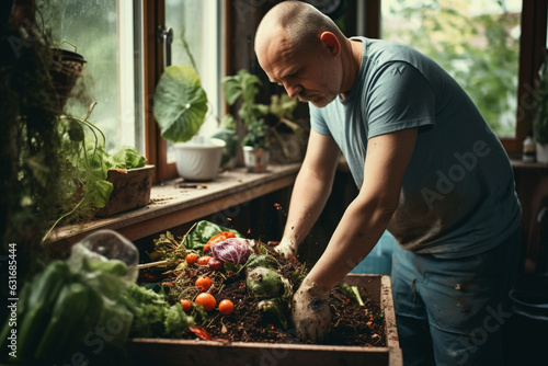Senior man making composting at home, aesthetic look