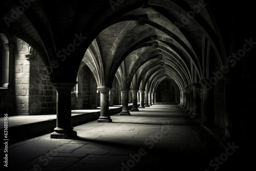 shot of hallway in black and white at the crypt at fountains abbey, aesthetic look