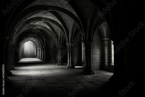 shot of hallway in black and white at the crypt at fountains abbey, aesthetic look