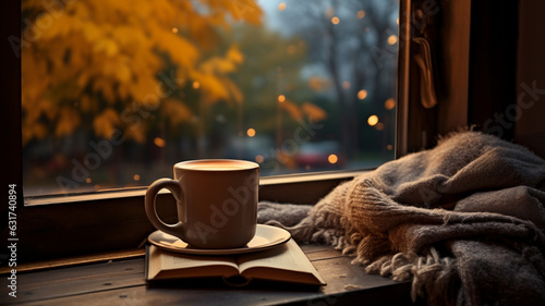 Cup of hot autumn coffee or tea on the window. Living in Hygge style. Hot drink in cold autumn fall weather halloween