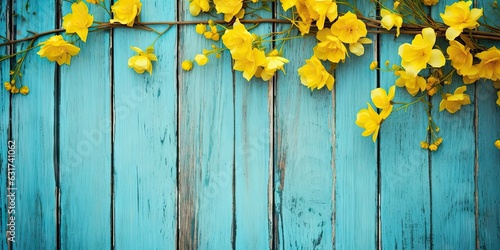 Romantic beautiful yellow flowers on old vintage blue wooden board background. Flower decorations. Vibrant blooms backdrop
