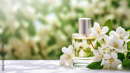 Perfume bottle with jasmine flowers on white table