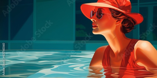 retrato minimalista de mujer nadando en la piscina con un bañador rojo, mujer en los 70s 60s en una piscina turquesa 