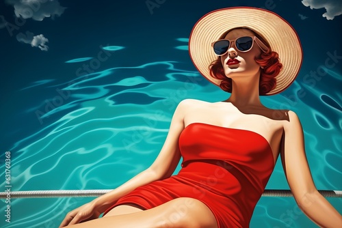 retrato minimalista de mujer en bañador rojo y pamela, disfrutando del verano en los 70s, mujer glamourosa tomando el sol 