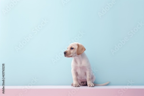 retrato minimalista cachorro de perro con fondo neutro, perro esperando con fondo azul y rosa, invitación fiesta de cumpleaños con mascotas 