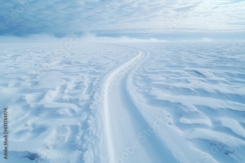 Aerial drone view de una carretera nevada en mitad de la nada