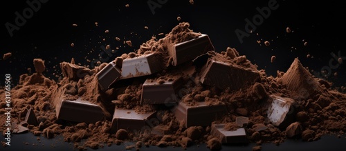 big chunk of dark chocolate and scattered chocolate crumbs on a black surface. empty space to add text or images.