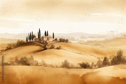 Painting watercolor of Tuscany, Italy landscape, Tuscany landscape with fields, meadows, cypress trees and houses on the hills, Italy landmark, Tuscany, Europe, generative ai